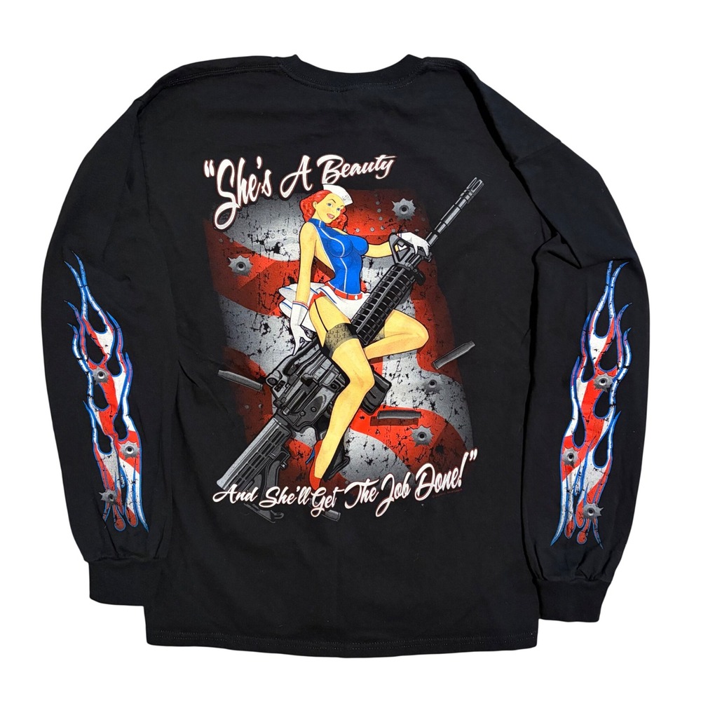 Y2K Gildan Las Vegas Gun Range Pin Up Girl Long Sleeve Shirt Large Black Flame